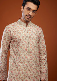 Beige White Lucknowi Kurta Set