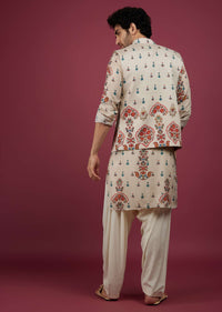 Off White Silk Printed Kurta Set with Jacket in Sequin And Zari Work