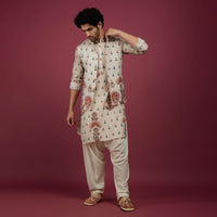 Off White Silk Printed Kurta Set with Jacket in Sequin And Zari Work