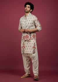 Off White Silk Printed Kurta Set with Jacket in Sequin And Zari Work