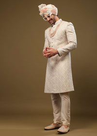 Candy Pink Thread Embroidered Silk Sherwani Set