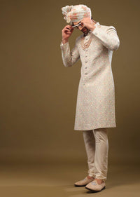 Candy Pink Thread Embroidered Silk Sherwani Set