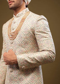 Candy Pink Thread Embroidered Silk Sherwani Set