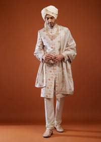 Beige White Thread Embroidered Tussar Silk Sherwani Set