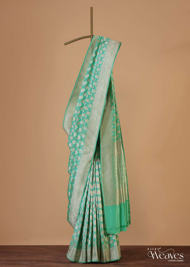 Sea Green Banarasi Saree In Uppada Silk With Butta Weave And Unstitched Blouse