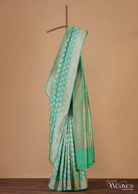 Sea Green Banarasi Saree In Uppada Silk With Butta Weave And Unstitched Blouse