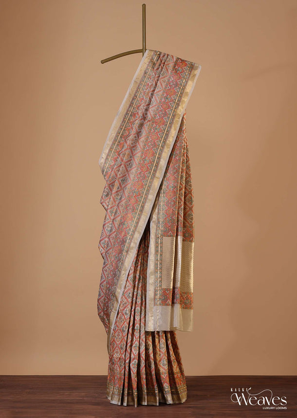 Champagne Brown Banarasi Saree In Katan Silk With Patola Ikat Weave And An Unstitched Blouse