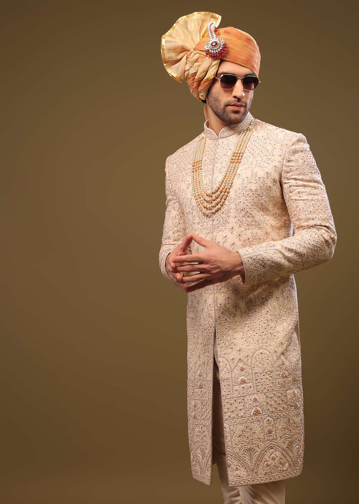 Salmon Pink Embroidered Silk Sherwani Set