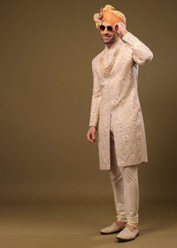 Salmon Pink Embroidered Silk Sherwani Set