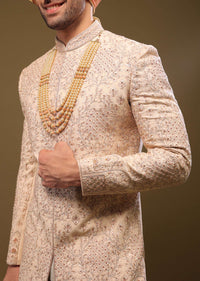 Salmon Pink Embroidered Silk Sherwani Set