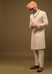 Beige Lucknowi Sherwani Set With Thread And Zari Embroidery