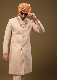 Beige Lucknowi Sherwani Set With Thread And Zari Embroidery