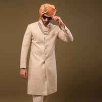 Beige Lucknowi Sherwani Set With Thread And Zari Embroidery