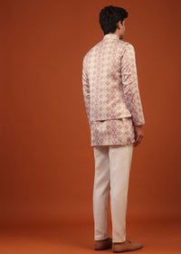 Salmon Pink Printed Silk Bandi Jacket Set With Sequins