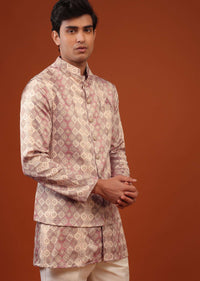 Salmon Pink Printed Silk Bandi Jacket Set With Sequins