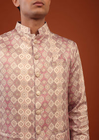 Salmon Pink Printed Silk Bandi Jacket Set With Sequins