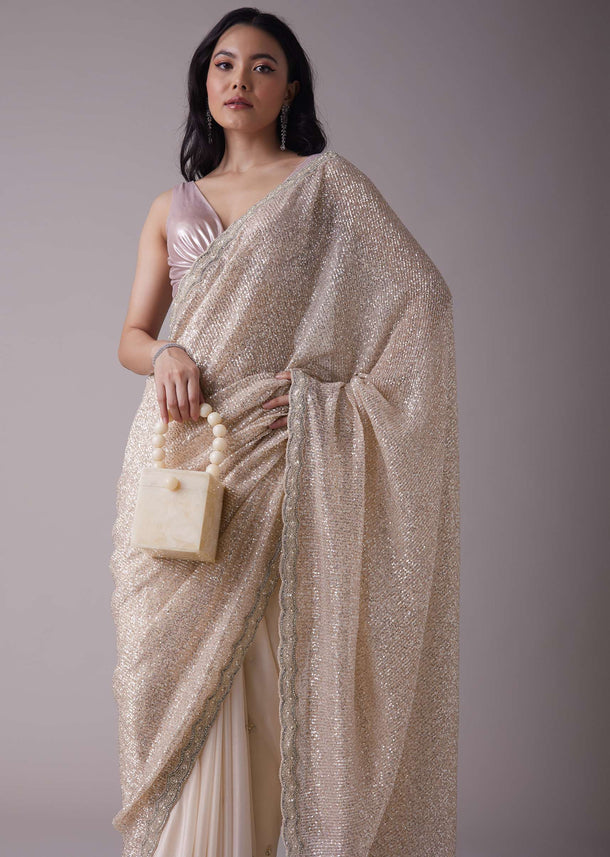 Salmon Cream Sequins Saree With An Embellished Border