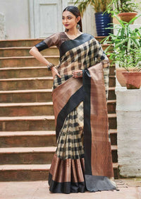 Black And Beige Saree In Kota Silk With Check Pattern And Rust Weaved Border Online - Kalki Fashion