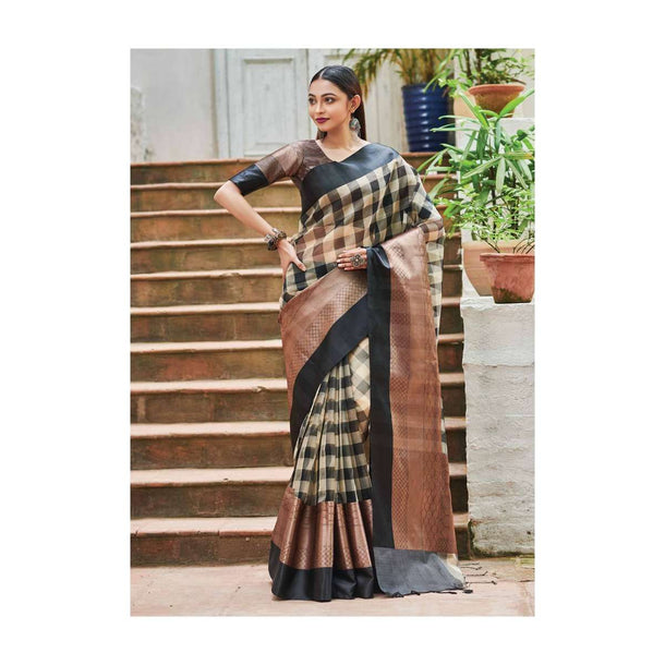 Black And Beige Saree In Kota Silk With Check Pattern And Rust Weaved Border Online - Kalki Fashion