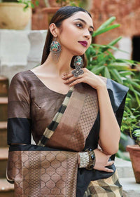 Black And Beige Saree In Kota Silk With Check Pattern And Rust Weaved Border Online - Kalki Fashion