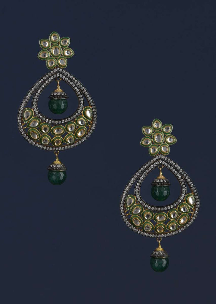 Black And Dark Green Earrings In Floral And Drop Motif With Kundan And Dangling Bead Online - Kalki Fashion