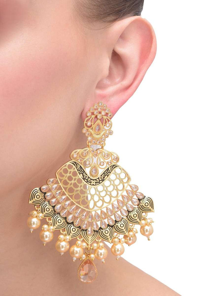 Black And Gold Chandelier Earrings With Tear Drop Dangling Crystal And Pearls Online - Kalki Fashion