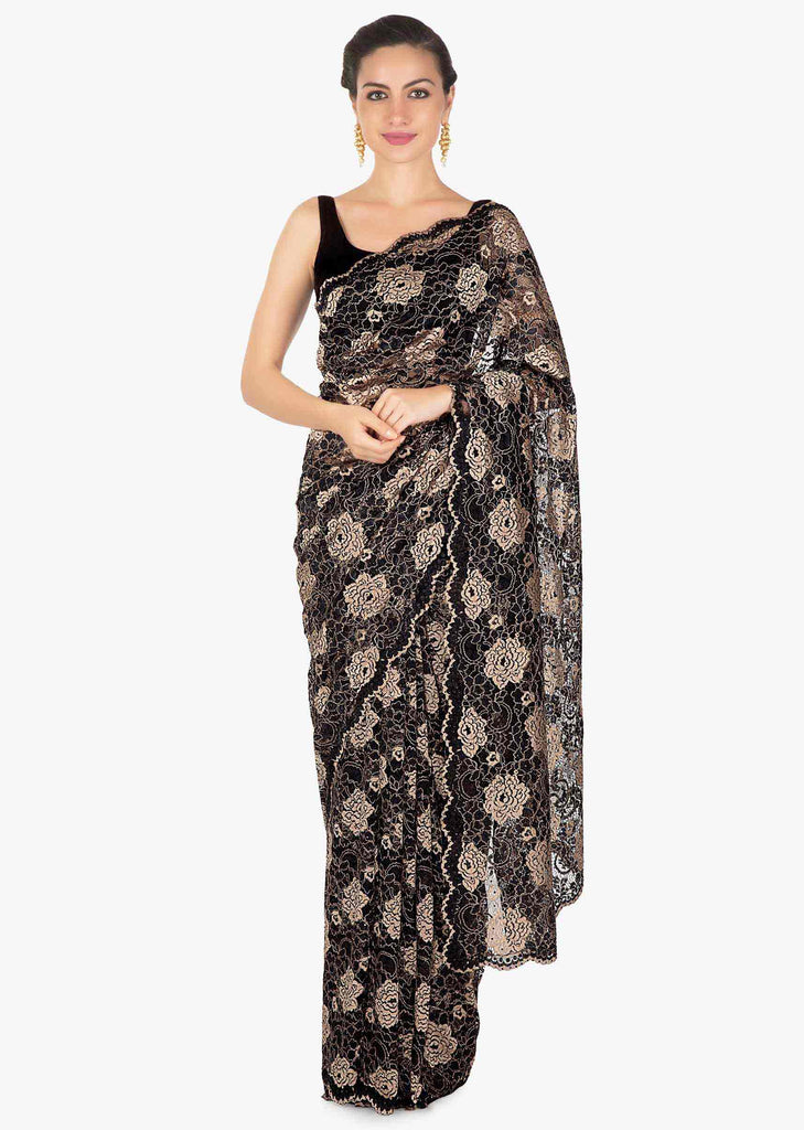 Black and gold chantilly lace saree with scalloped border only on Kalki