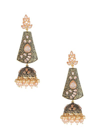 Black And Gold Jhumkas With Abstract Intricate Carving, Crystals And Pearls  Online - Kalki Fashion