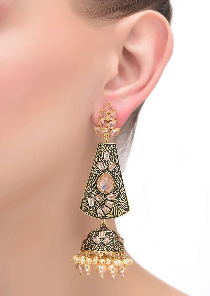 Black And Gold Jhumkas With Abstract Intricate Carving, Crystals And Pearls  Online - Kalki Fashion