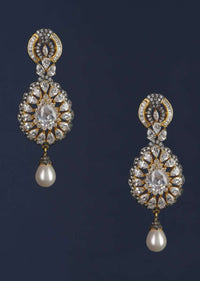 Black And Gold Plated Crystal Studded Drop Shaped Danglers With Stones And Dangling Pearl Online - Kalki Fashion