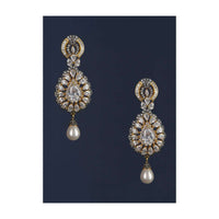 Black And Gold Plated Crystal Studded Drop Shaped Danglers With Stones And Dangling Pearl Online - Kalki Fashion