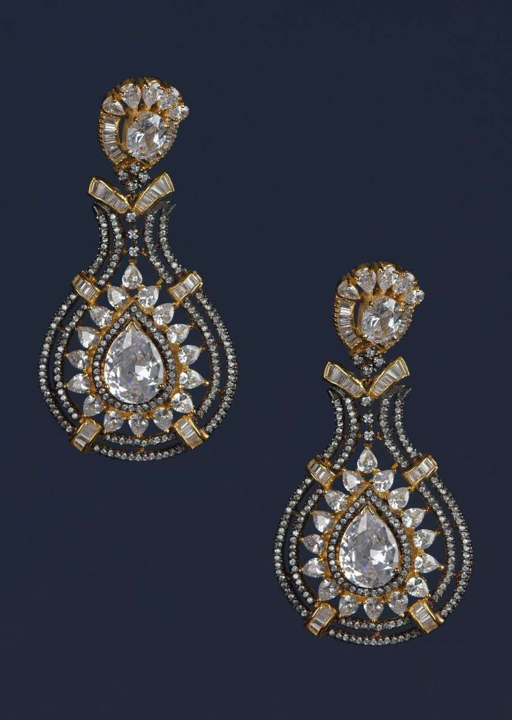 Black And Gold Plated Earrings Designed In Drop Motif With Crystals, Bugle Beads And Stones Online - Kalki Fashion