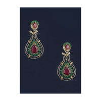 Black And Gold Plated Earrings Designed In Drop Motif With Green And Magenta Crystals, Bugle Beads And Stones Online - Kalki Fashion