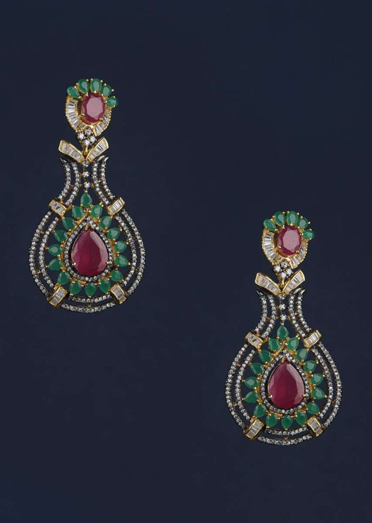 Black And Gold Plated Earrings Designed In Drop Motif With Green And Magenta Crystals, Bugle Beads And Stones Online - Kalki Fashion