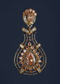 Black And Gold Plated Earrings Designed In Drop Motif With Peach Crystals, Bugle Beads And Stones Online - Kalki Fashion