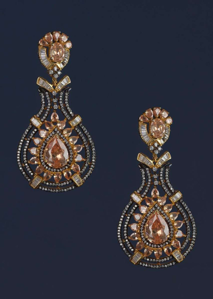 Black And Gold Plated Earrings Designed In Drop Motif With Peach Crystals, Bugle Beads And Stones Online - Kalki Fashion