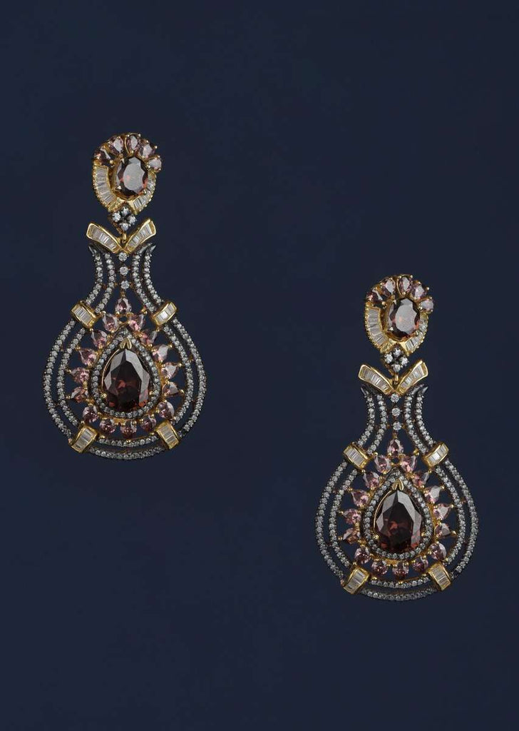 Black And Gold Plated Earrings Designed In Drop Motif With Purple Crystals, Bugle Beads And Stones Online - Kalki Fashion