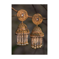 Black And Gold Plated Jhumkas With Carved Design, Crystals And Dangling Pearl And Bead Fringes Online - Kalki Fashion