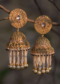 Black And Gold Plated Jhumkas With Carved Design, Crystals And Dangling Pearl And Bead Fringes Online - Kalki Fashion