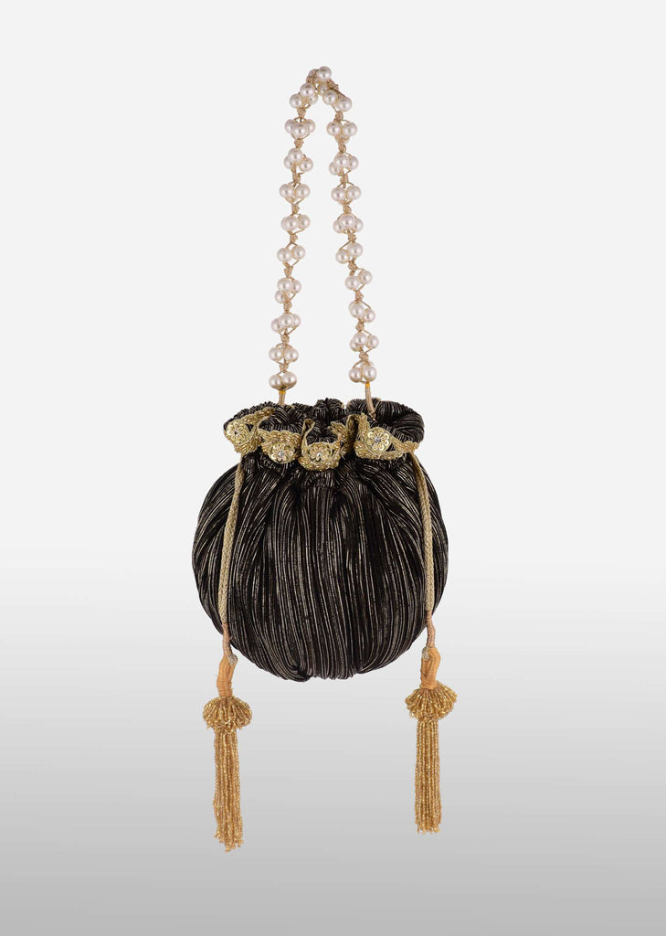 Black And Gold Potli Bag In Silk With Woven Golden Stripes And Cut Dana Embroidery Online - Kalki Fashion