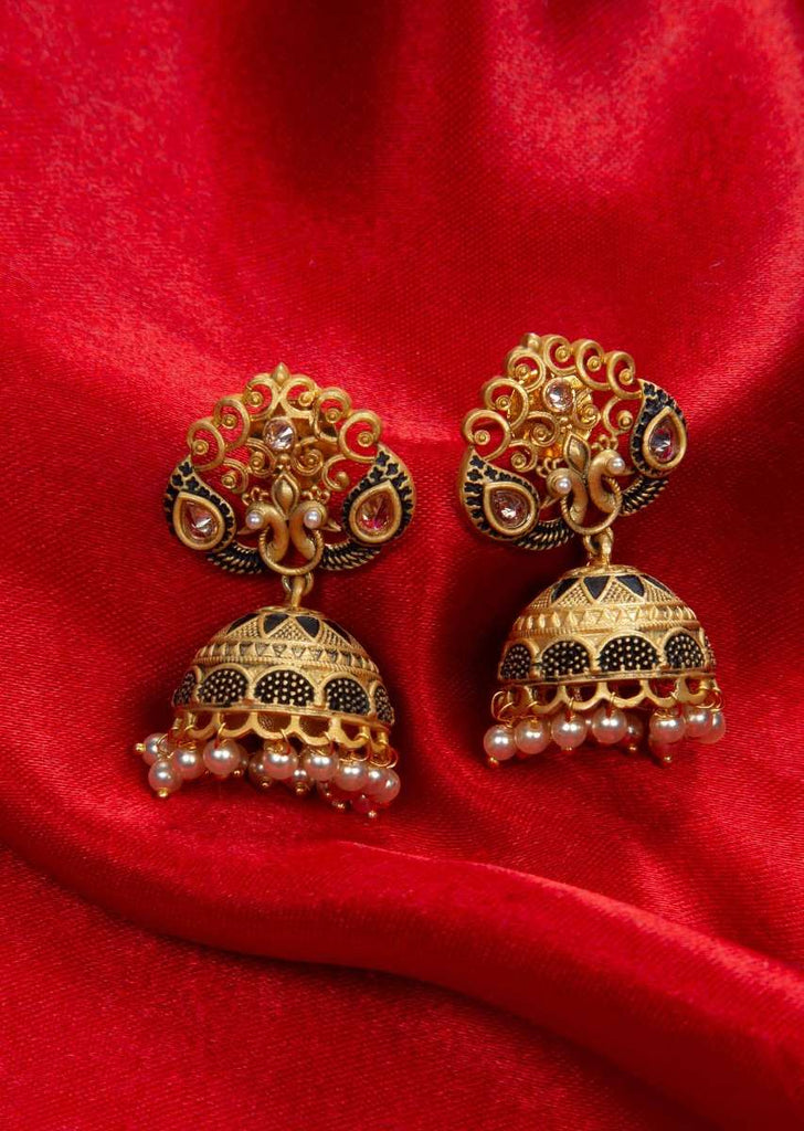 Black and gold shaded jhumkas in peacock motif only on kalki