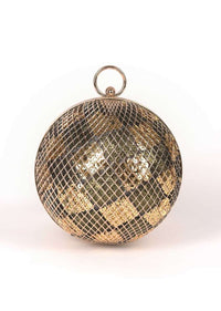 Black And Gold Spherical Clutch With Metallic Net Frame Online - Kalki Fashion