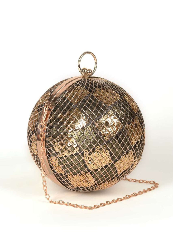 Black And Gold Spherical Clutch With Metallic Net Frame Online - Kalki Fashion