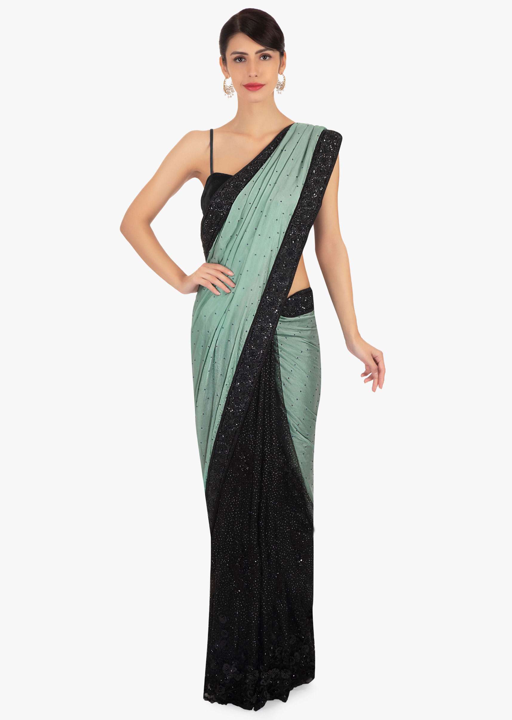 Black and green half and half saree in net and chiffon satin