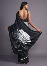 Black And Grey Ombre Saree In Satin Blend With Printed Floral Motifs And Kundan Accents Online - Kalki Fashion