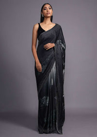 Black And Grey Ombre Saree In Satin Blend With Printed Floral Motifs And Kundan Accents Online - Kalki Fashion