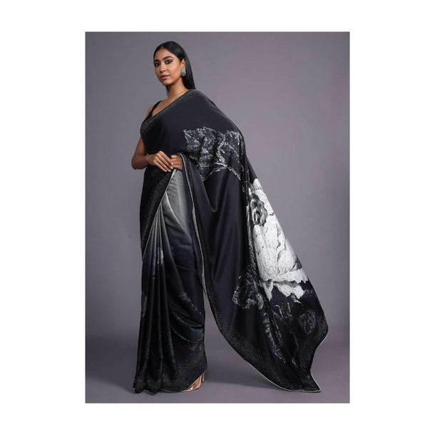 Black And Grey Ombre Saree In Satin Blend With Printed Floral Motifs And Kundan Accents Online - Kalki Fashion