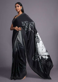 Black And Grey Ombre Saree In Satin Blend With Printed Floral Motifs And Kundan Accents Online - Kalki Fashion