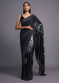 Black And Grey Ombre Saree In Satin Blend With Printed Floral Motifs And Kundan Accents Online - Kalki Fashion