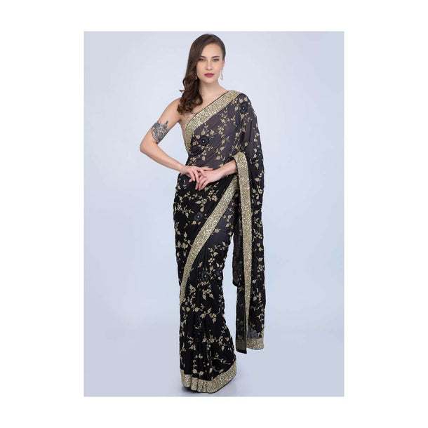 Black And Grey Saree In Shaded Heavy Embroidered Satin Chiffon Online - Kalki Fashion